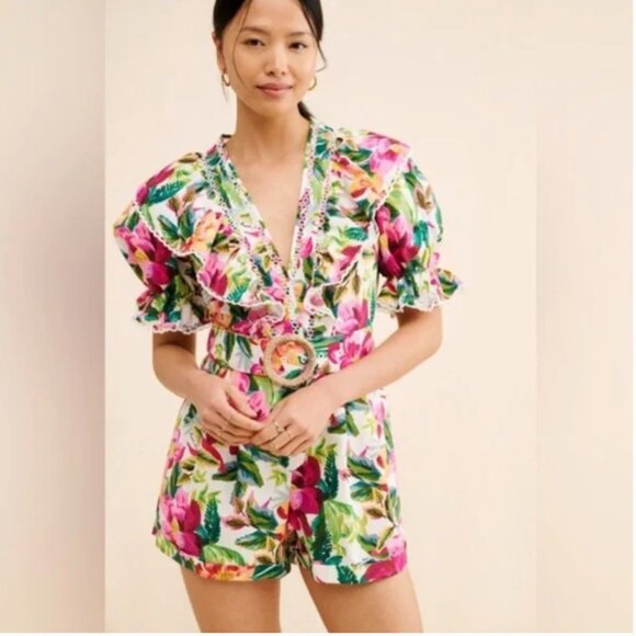 FARM RIO Romper Bright Colorful Floral Painted Flowers Eyelet Lace Trim size XS - Picture 1 of 9